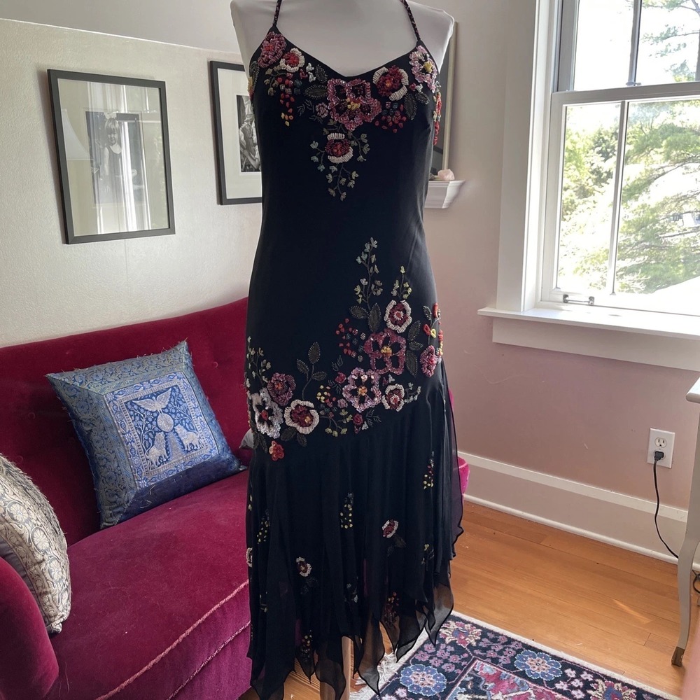 Vintage Y2K 100% Silk beaded Black Floral Evening Gown Midi -Sue Wong- 12 - Picture 16 of 16